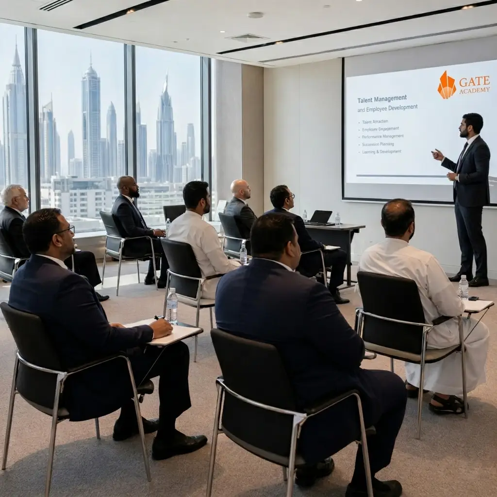  HR manager leading performance evaluation meeting with team 